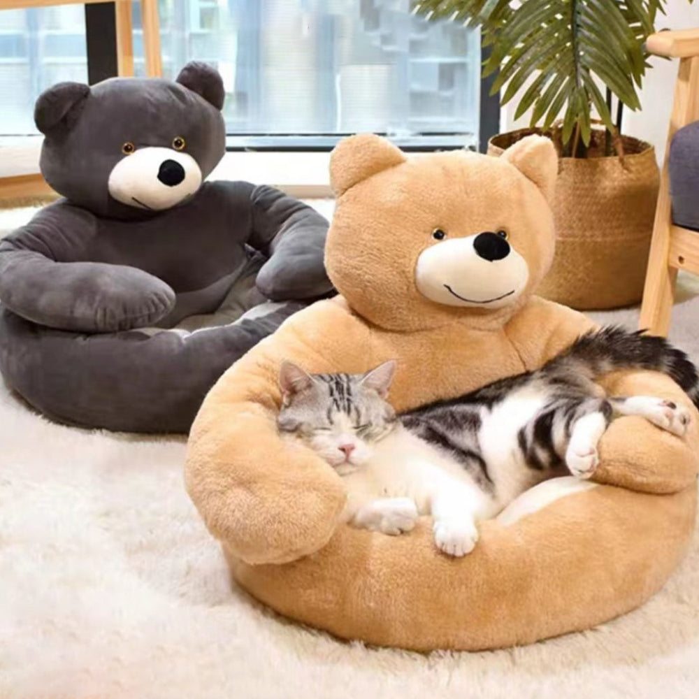 Front view of the adorable bear cat bed; soft, cozy, and detachable pet furniture for feline comfort