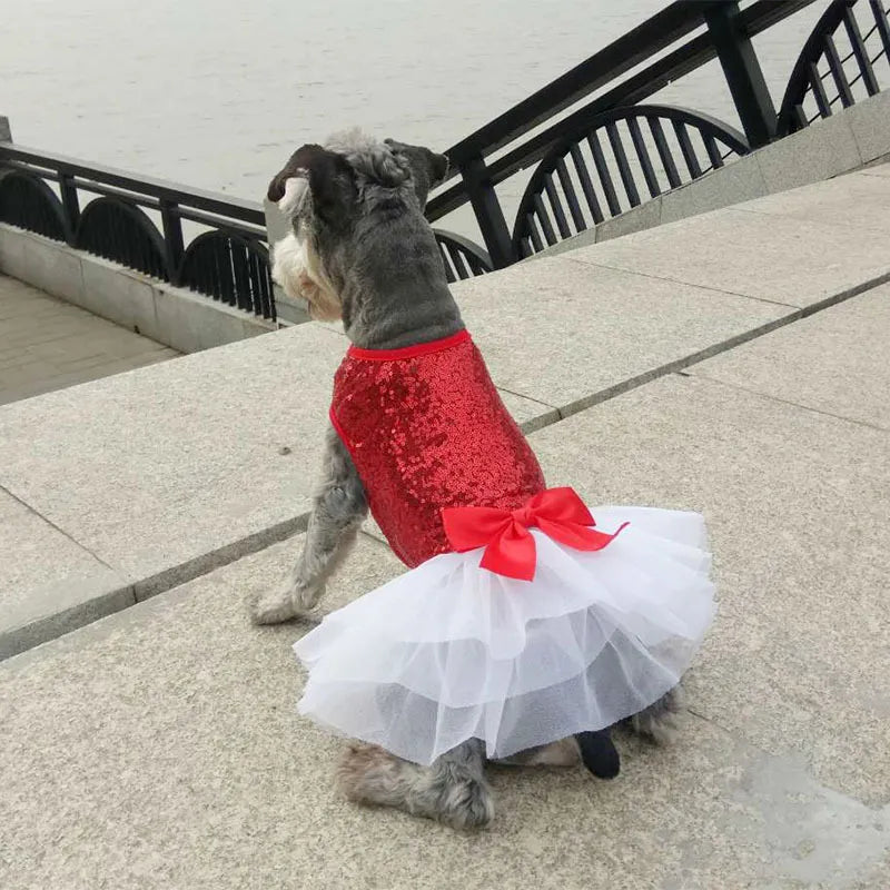 Cute dog glitter tulle party dress with satin bow for special occasion. Perfect pet apparel.