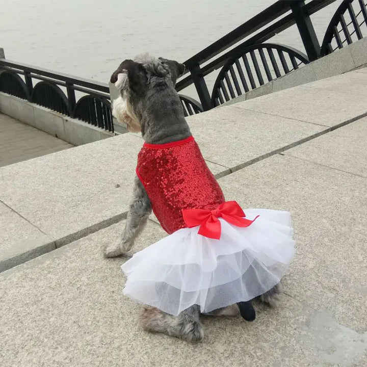 Cute dog glitter tulle party dress with satin bow for special occasion. Perfect pet apparel.