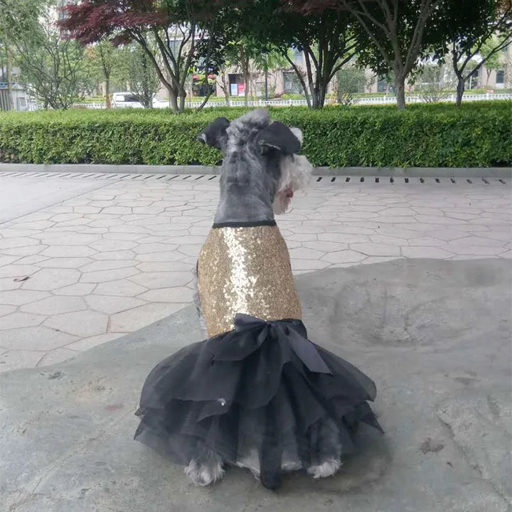 Close up of glitter tulle fabric on a dog dress, showing intricate detail and sparkling effect