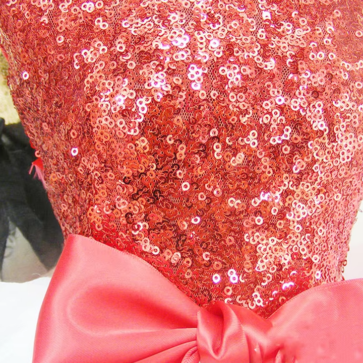 Happy dog in a vibrant glitter tulle party dress, celebrating a special occasion in style