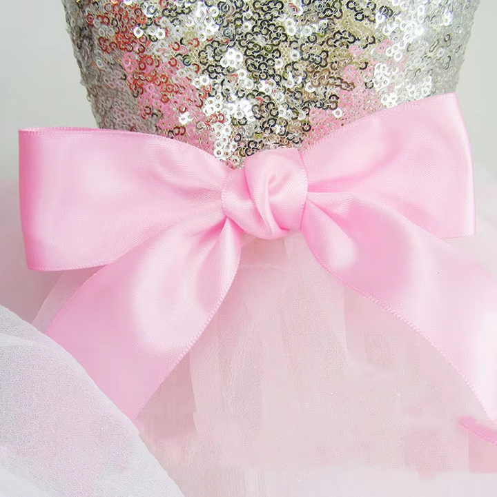 Back view of dog glitter tulle dress displaying fluffy multi-layered skirt & secure fastening