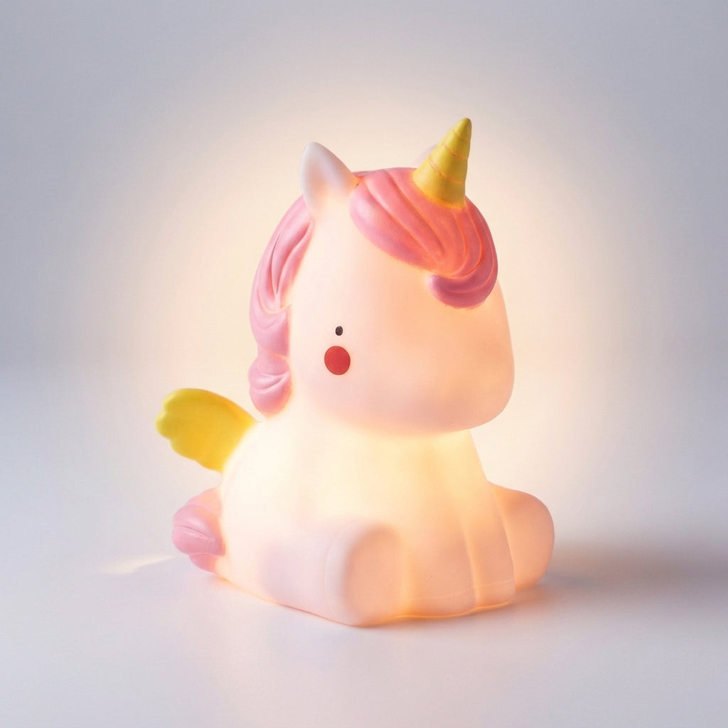 Soft-touch animal LED night light, perfect for toddlers' bedroom or play area.