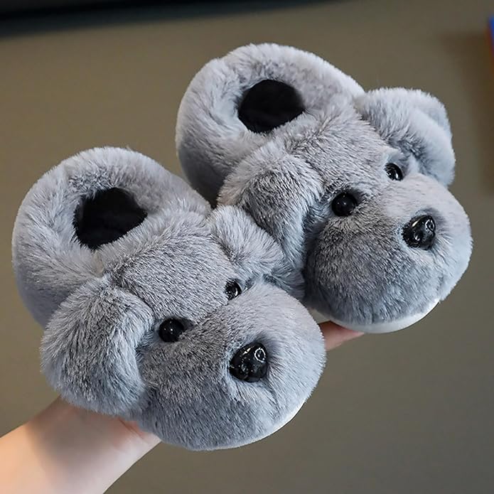 Plush puppy slippers for kids. Soft, warm, and cozy indoor footwear with a non-slip sole for comfort.