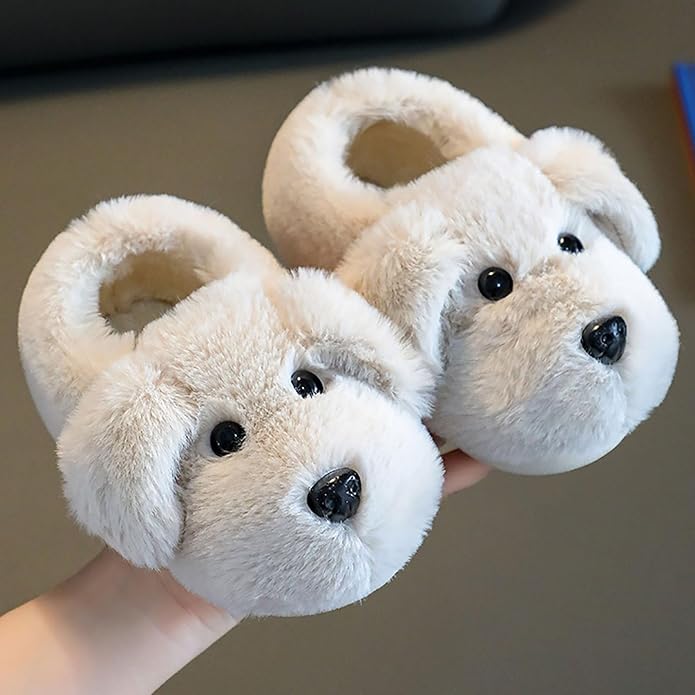 Comfy kids' puppy slippers. Warm, soft, and non-slip footwear perfect for indoor relaxation.