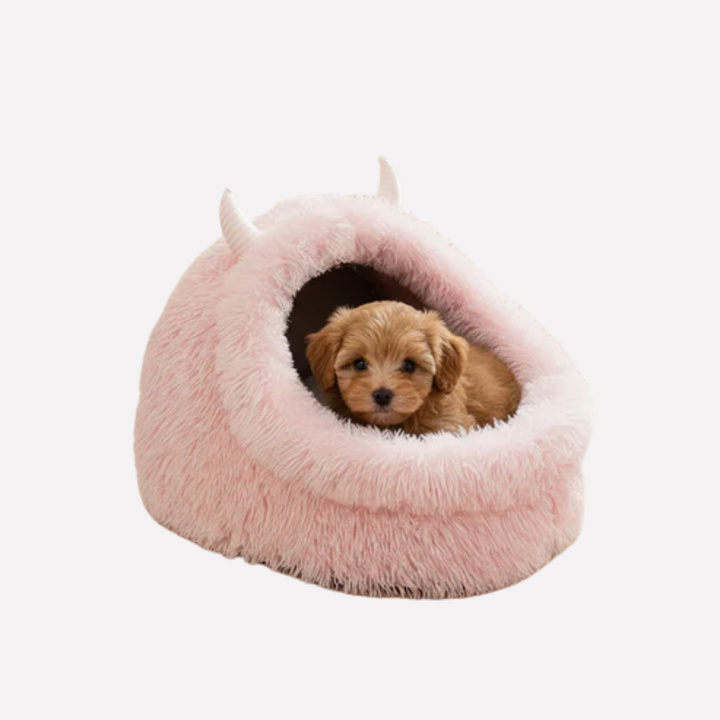 Cute monster design plush pet bed for dogs or cats, soft and cozy, washable pet furniture.