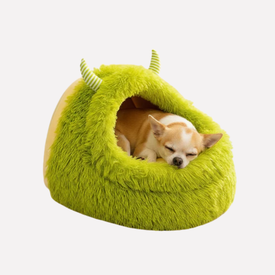Washable monster-themed plush pet bed, a cozy and cute addition to your pet's supplies, for cats or dogs.