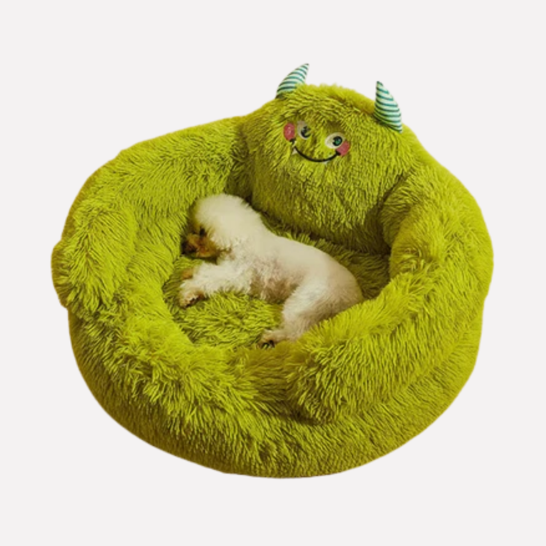 Cute monster themed plush dog bed by Noko Pets with washable cover for comfortable indoor pets