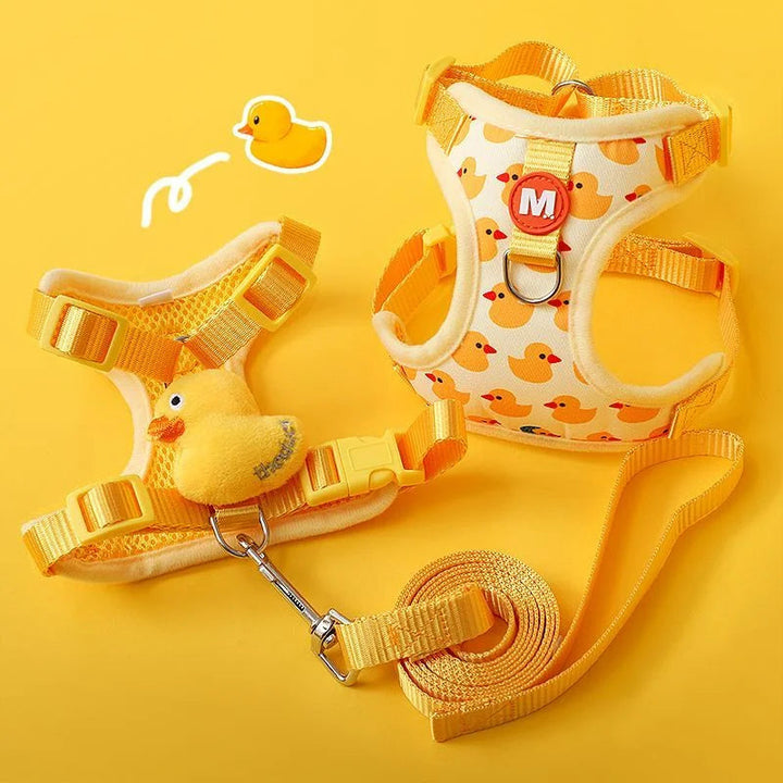 Cute pet duck design comfort harness and leash set for small dogs, adjustable puppy walking supplies.