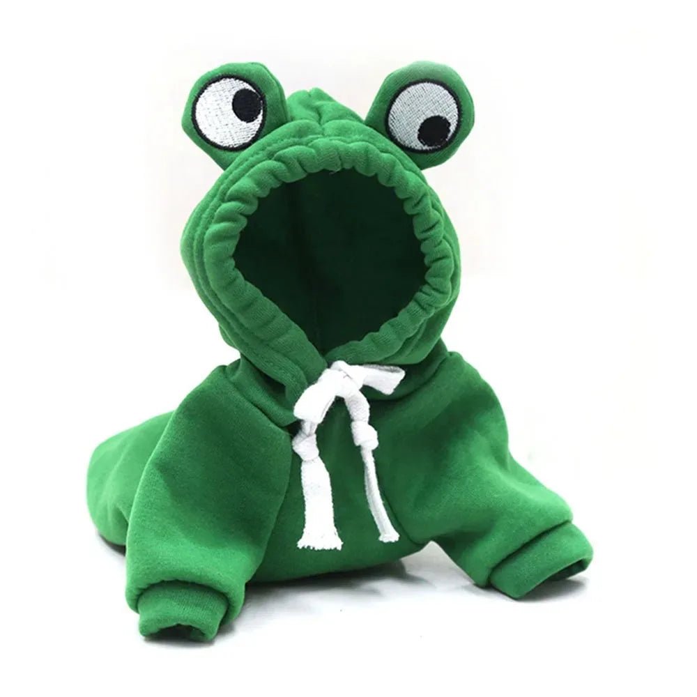 Soft fleece frog hoodie for pets, stylish and cozy winter cat or dog outfit