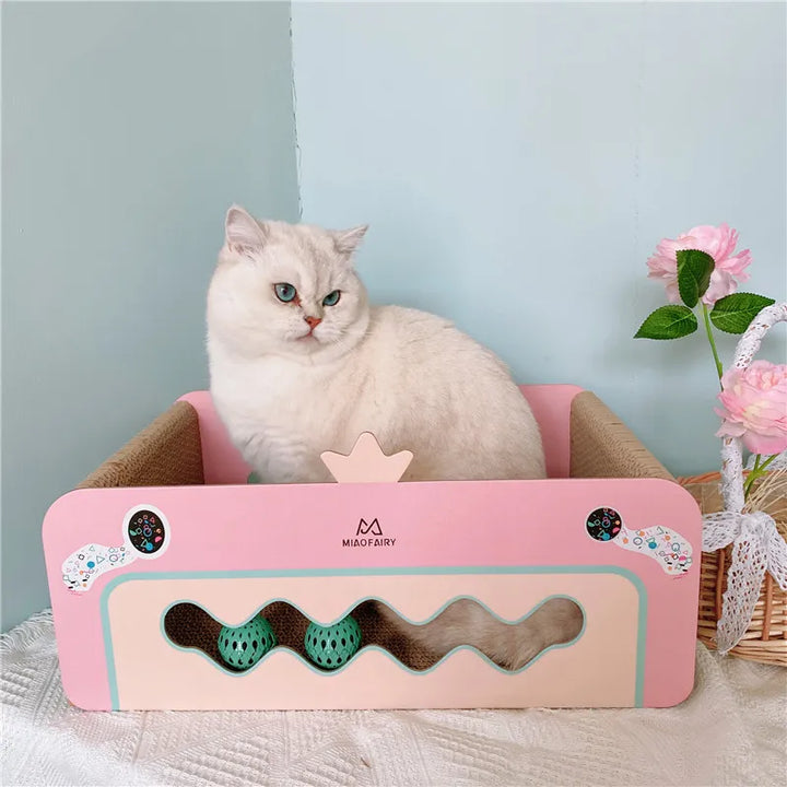 Charming pink cat scratcher and play tree, an ideal pet furniture piece with toy, retreat, and scratching post
