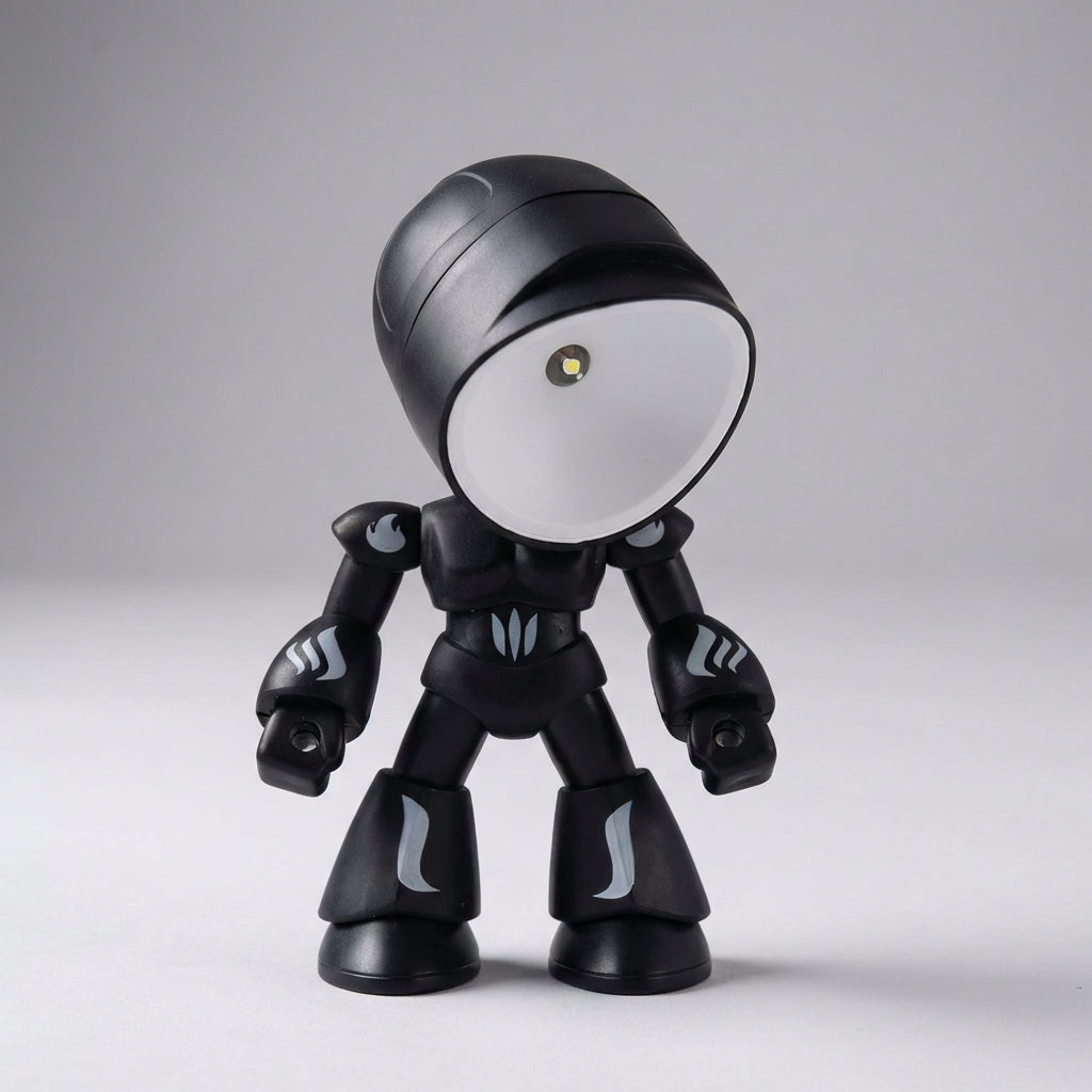 Child-safe Luminobot LED robot lamp for kids' bedside, soft glare-free light, ideal for reading.