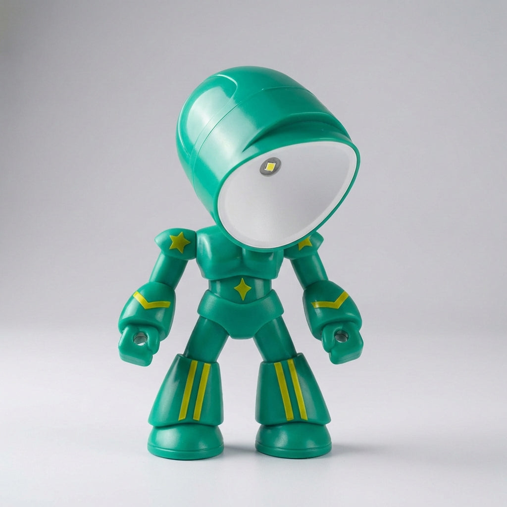 Soft glare-free LED robot bedside lamp for kids, Luminobot, compact & child-safe for reading or night light.