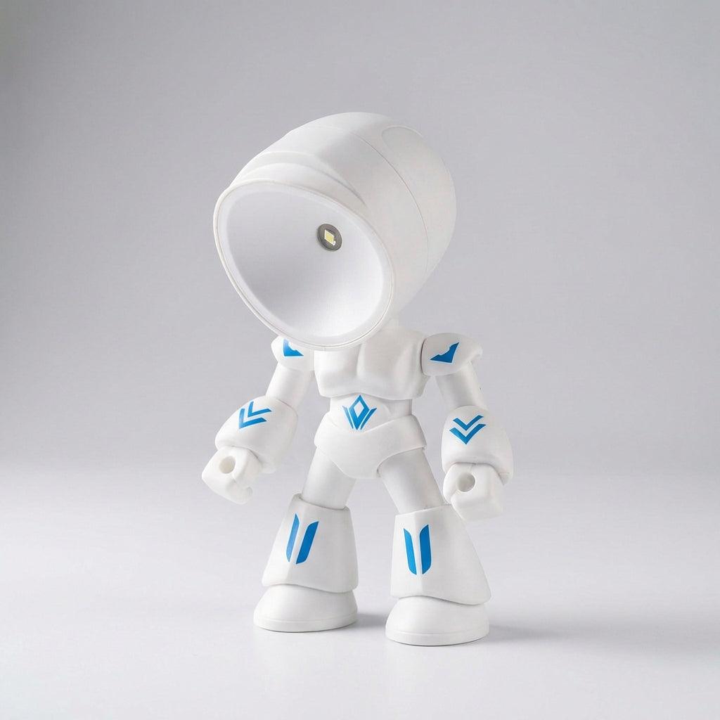 Compact LED robot reading lamp, Luminobot, for children's bedside, soft glare-free light, child-safe.