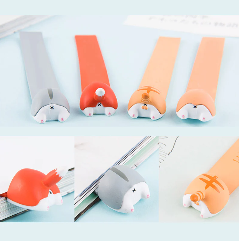 Humorous corgi butt bookmark marking a page, a playful and cute reading accessory