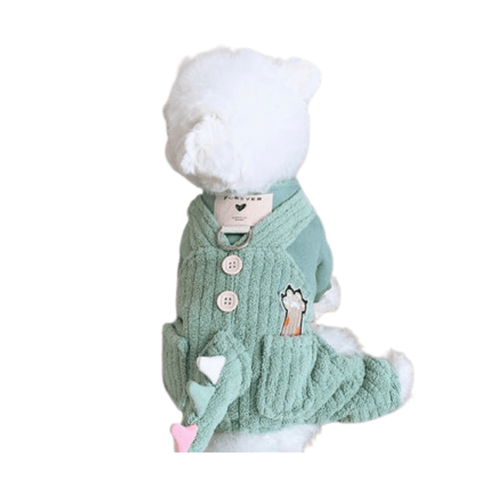Soft puppy dog in warm green dinosaur pet apparel, comfortable plush jumpsuit for small pets
