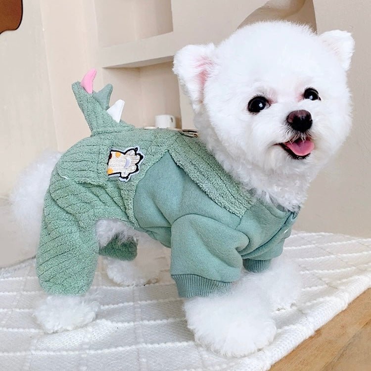 Unisex pet dinosaur costume, plush dog jumpsuit perfect for warmth and fun puppy outfit