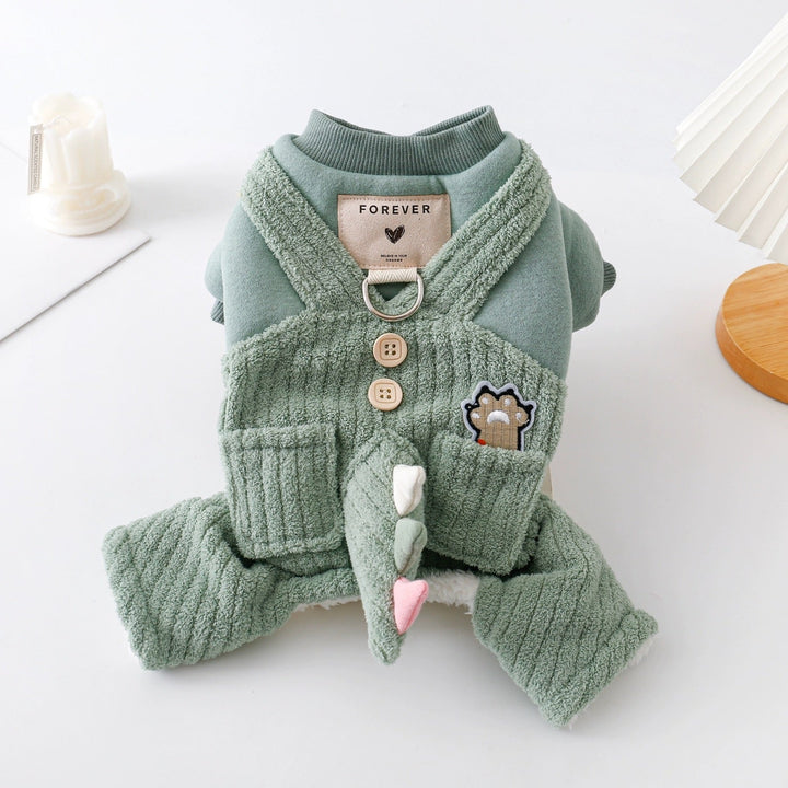 Warm small dog outfit: green plush dinosaur jumpsuit side view, cute and soft pet clothing