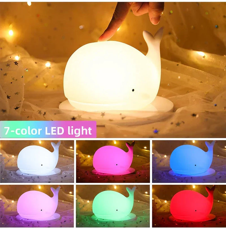 Soft silicone whale night light with touch control, perfect for baby nursery bedtime.