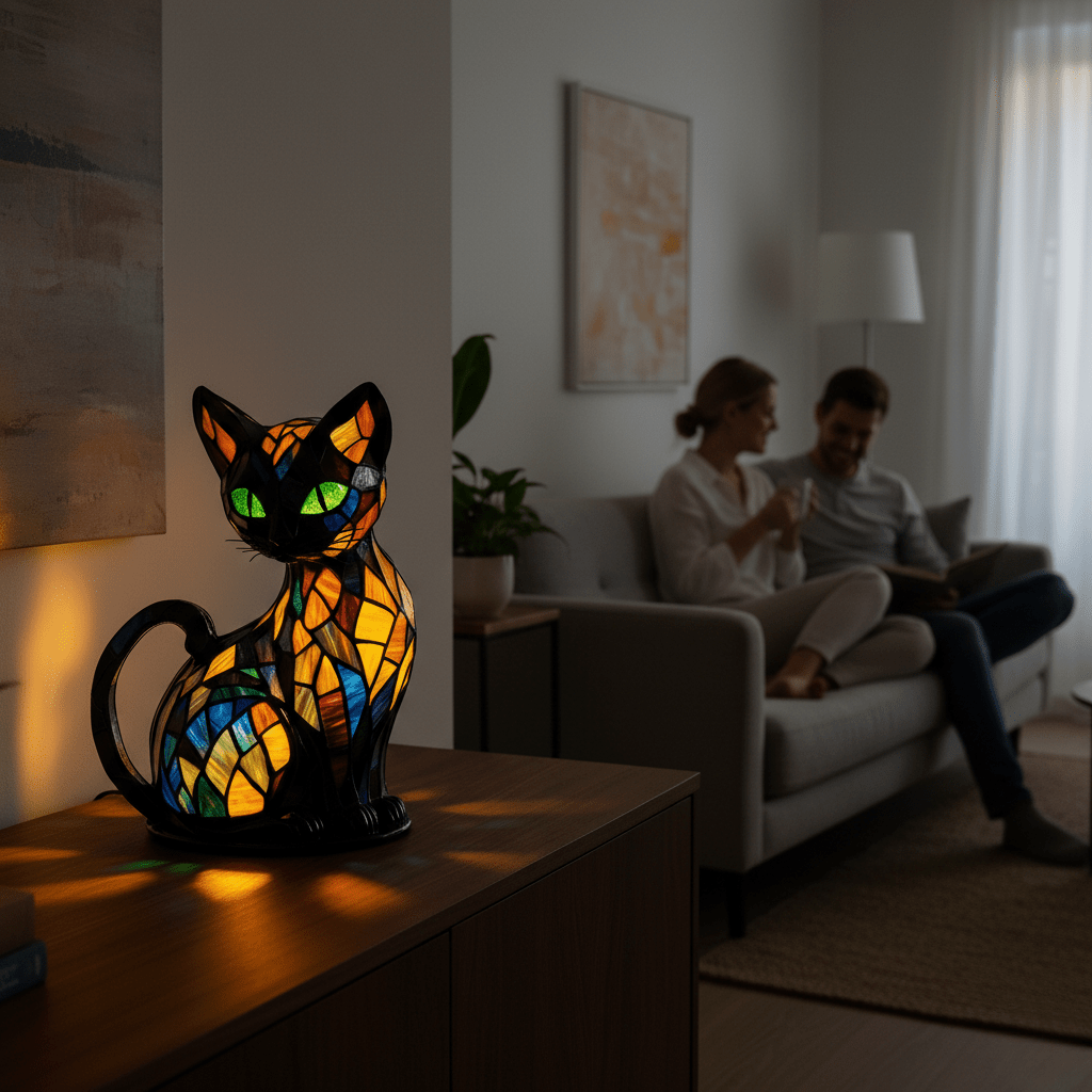 Whimsical cat LED night light for kids' rooms, providing a soothing, gentle ambient glow and cute decor.
