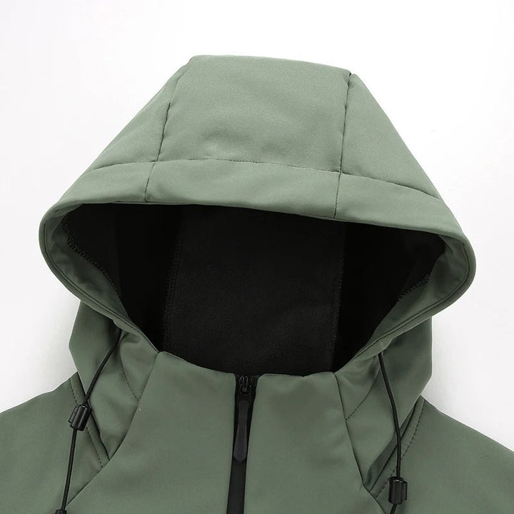 Back view of a stylish men's hooded outdoor jacket, designed for weather resistance & everyday comfort.