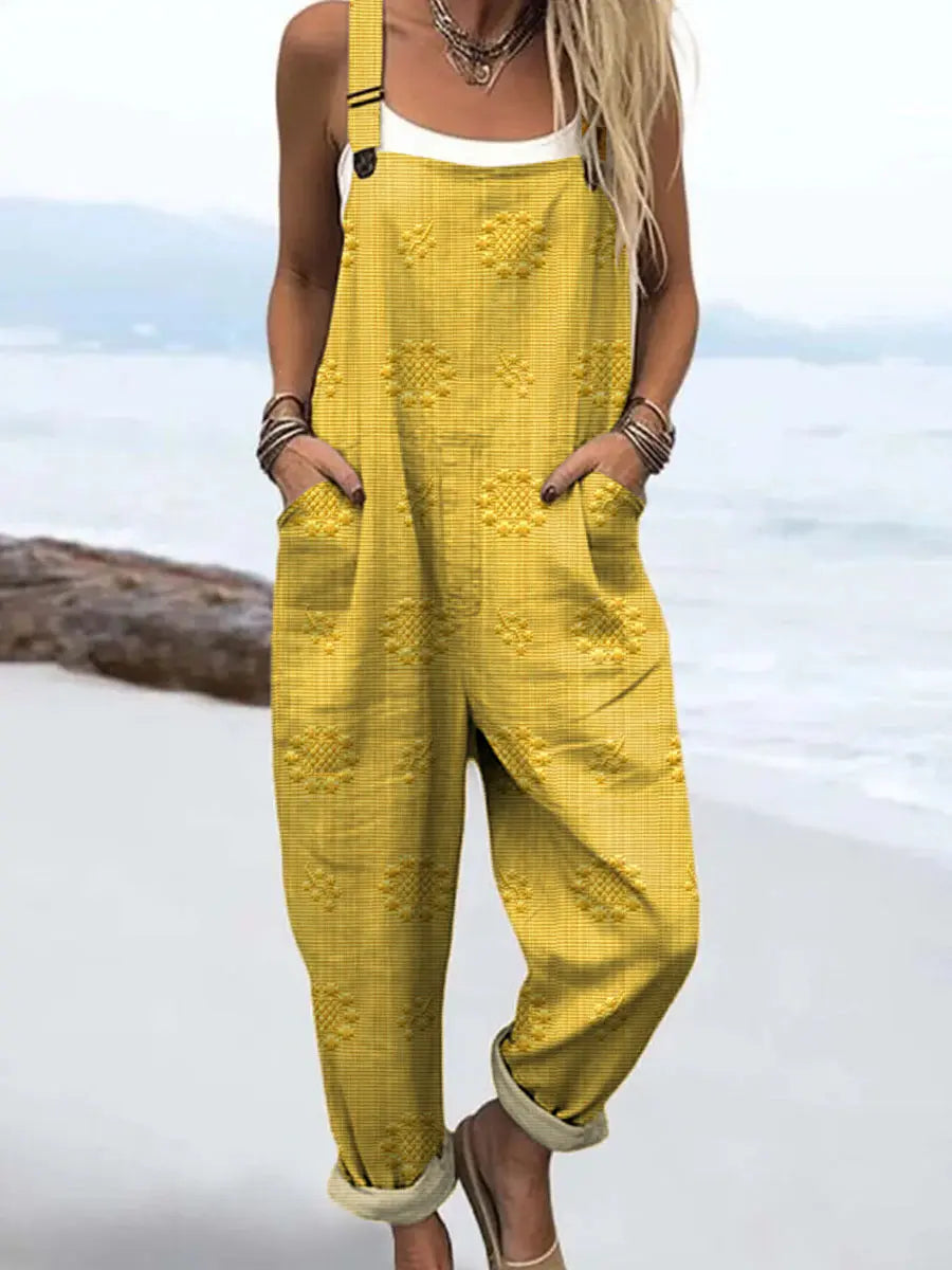 Comfortable relaxed fit women's jumpsuit, patterned, wide-leg, ideal for casual everyday wear in spring or summer.