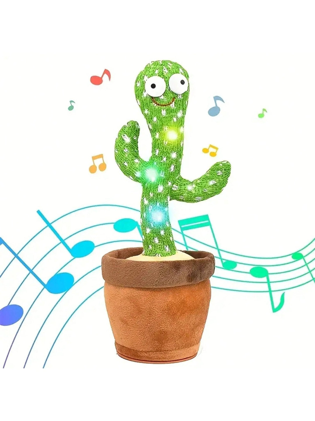 Dancing cactus plush toy with colorful lights, interactive singing and talking for kids' creative play.