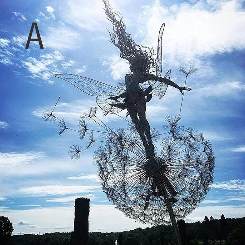 Dancing metal fairy statue for enchanting garden outdoor decor and yard ornament.