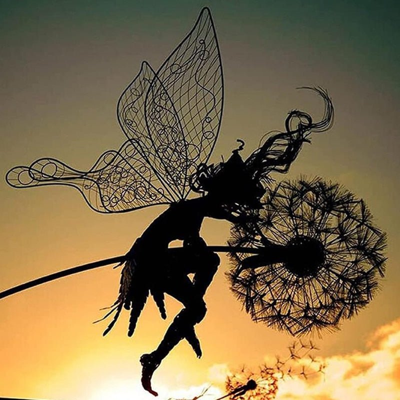 Whimsical metal art fairy statue, perfect outdoor garden sculpture & nature art.