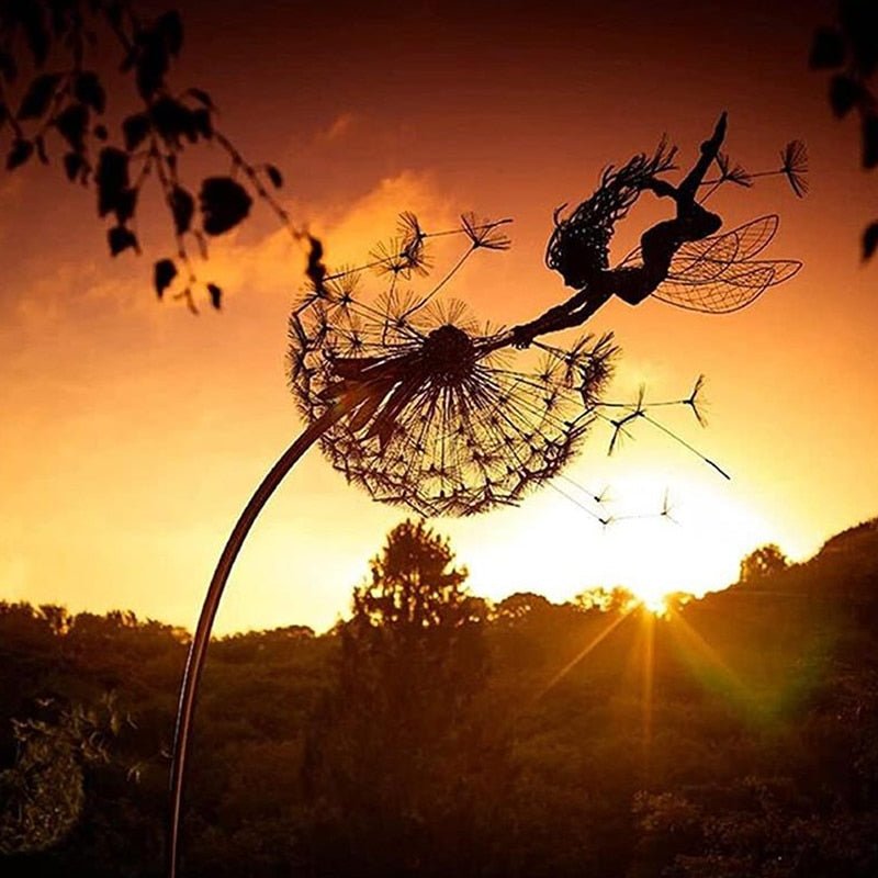 Elegant dancing metal fairy statue brings whimsical charm to any outdoor garden.