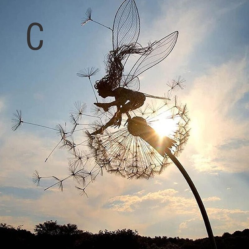 Whimsical dancing fairy metal art statue, perfect for garden, yard, or home accents.