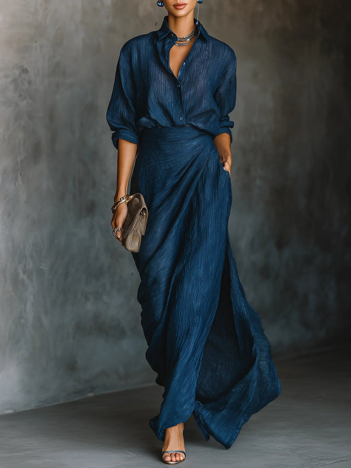 Dark blue women's classic long skirt and shirt matching set, elegant two-piece outfit for versatile wear.