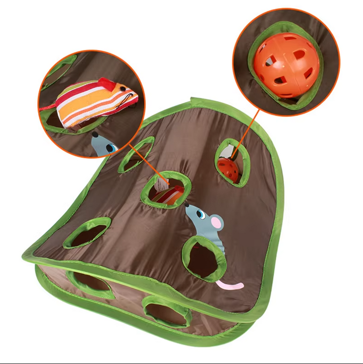 Close-up of a dark brown interactive cat play mat, showcasing tunnels for cat hide-and-seek toy.