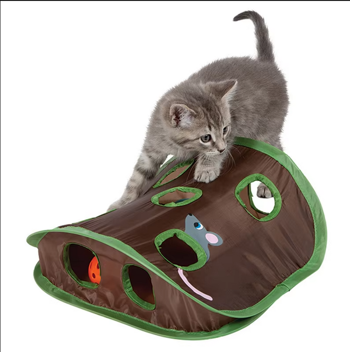 Dark brown interactive cat play mat for cats, providing endless fun with hunting and hide-and-seek features.