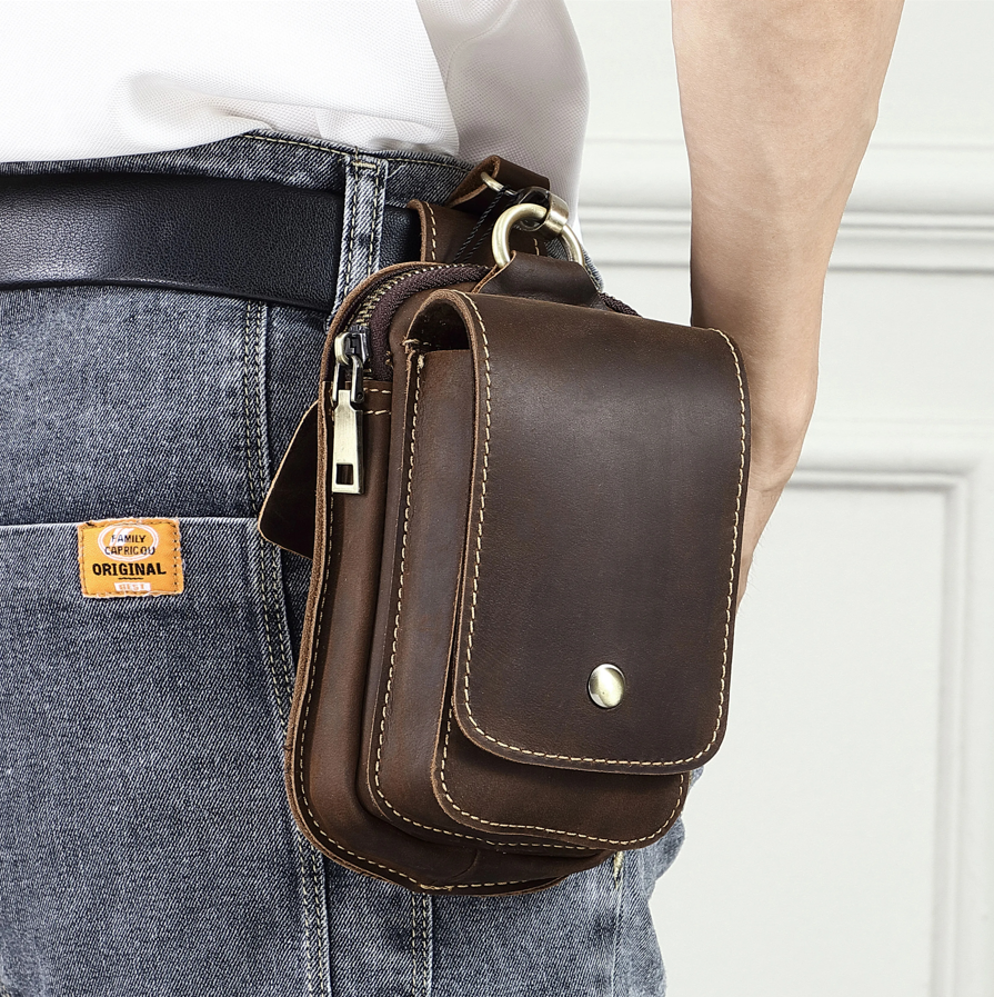 Dark brown men's compact belt pouch, perfect for everyday essentials like phone, wallet & keys.