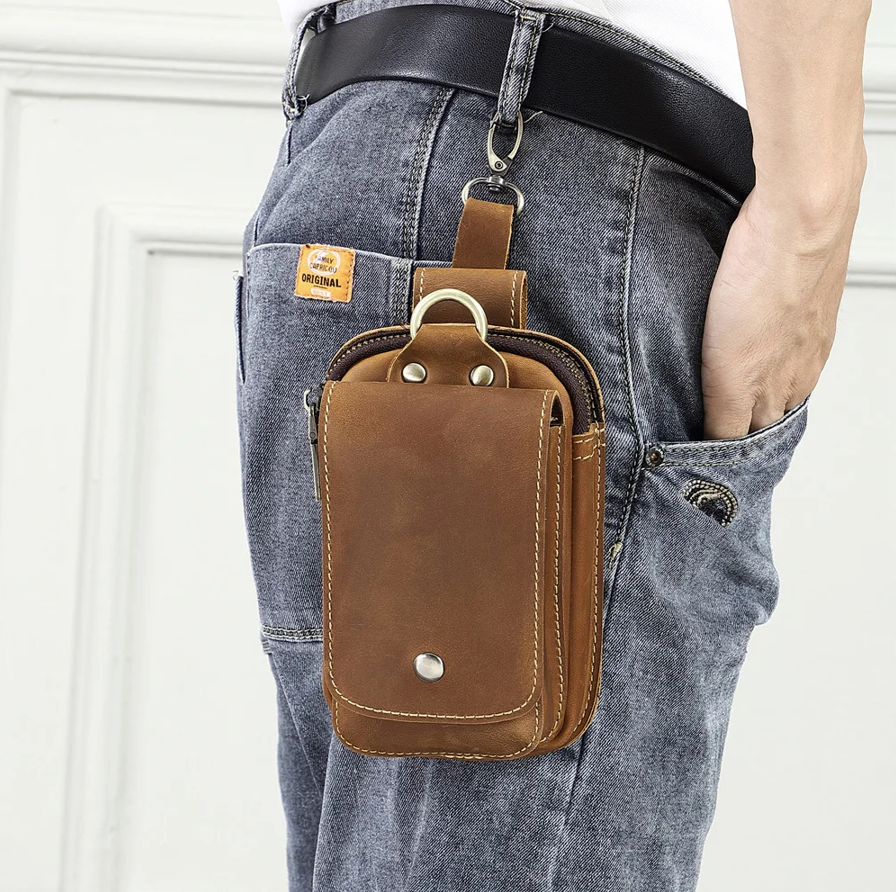 Men's dark brown everyday carry belt pouch, ideal for travel, keeping phone, wallet, and essentials secure.