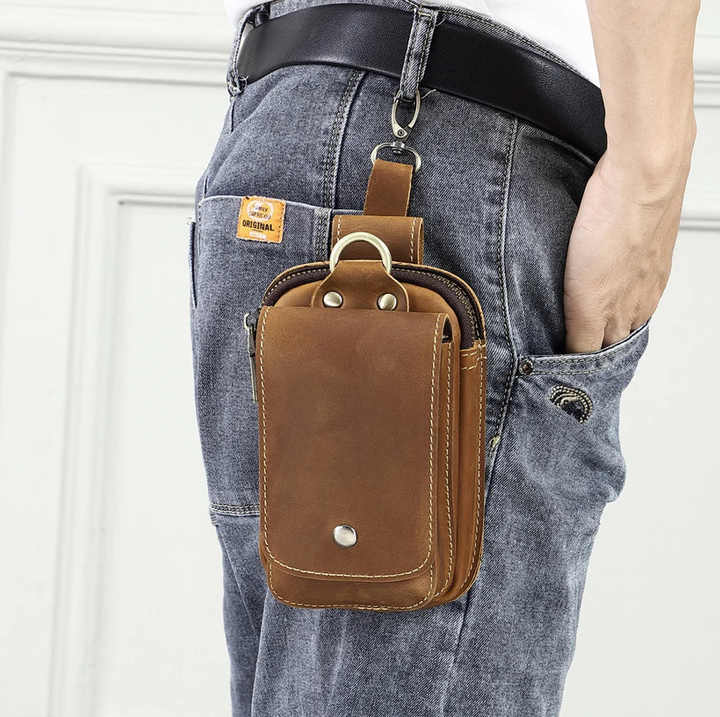 Men's dark brown everyday carry belt pouch, ideal for travel, keeping phone, wallet, and essentials secure.