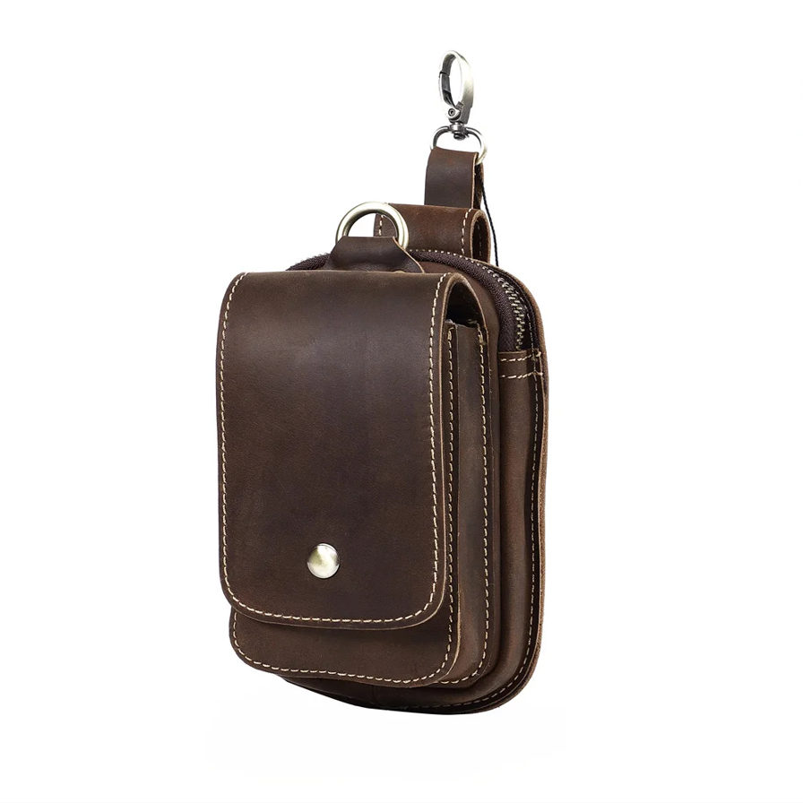 Stylish dark brown men's belt pouch; secure phone holder & wallet bag for daily essentials and accessories.