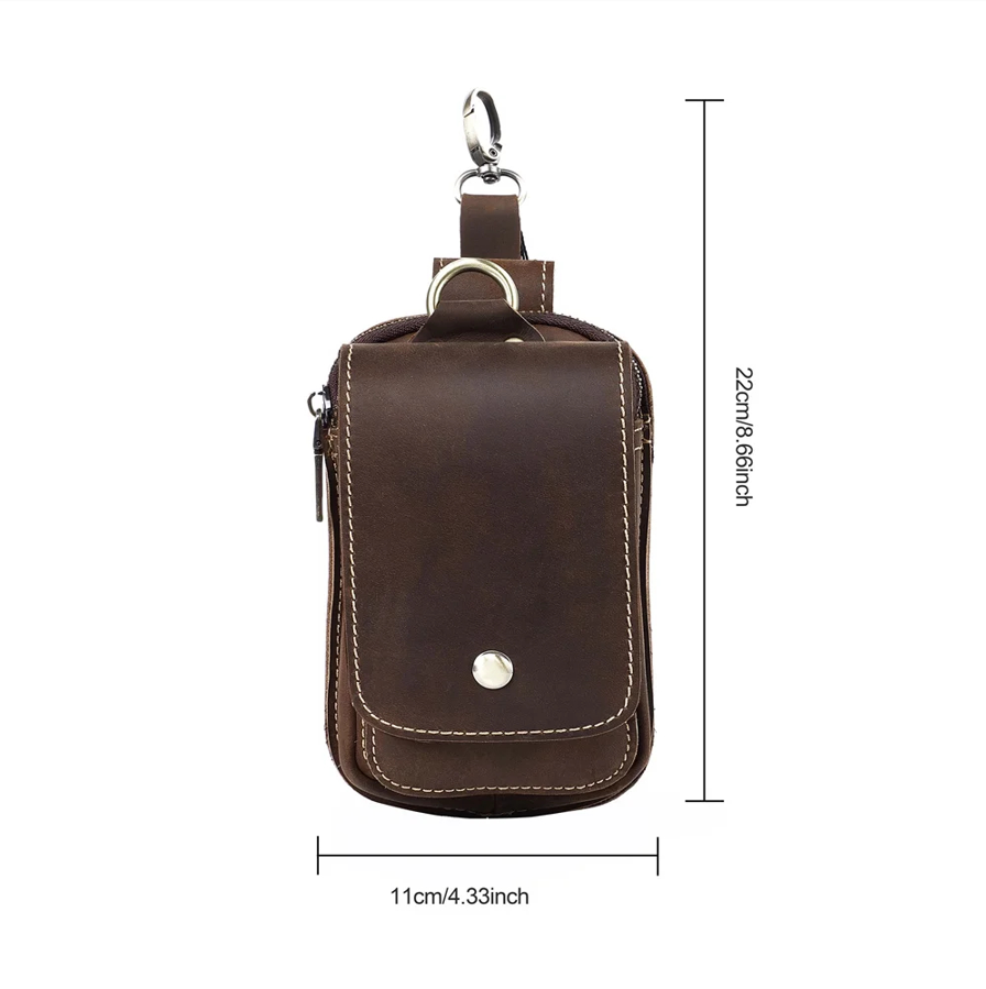 Compact dark brown men's organizer belt pouch for small daily essentials, a practical travel accessory.