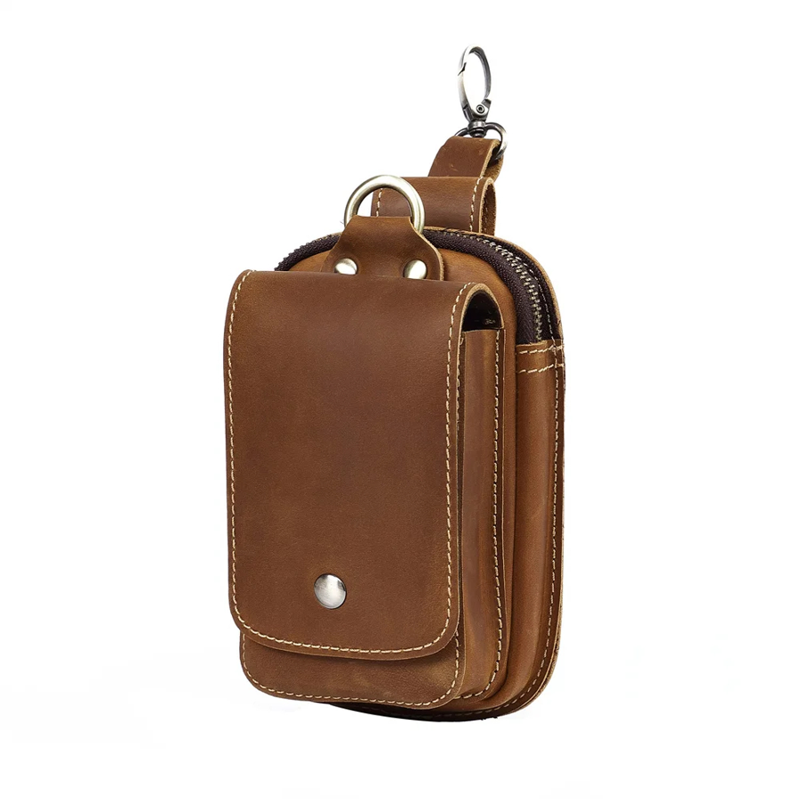 Versatile men's brown belt pouch, an essential everyday carry bag for phone, wallet, and small items.