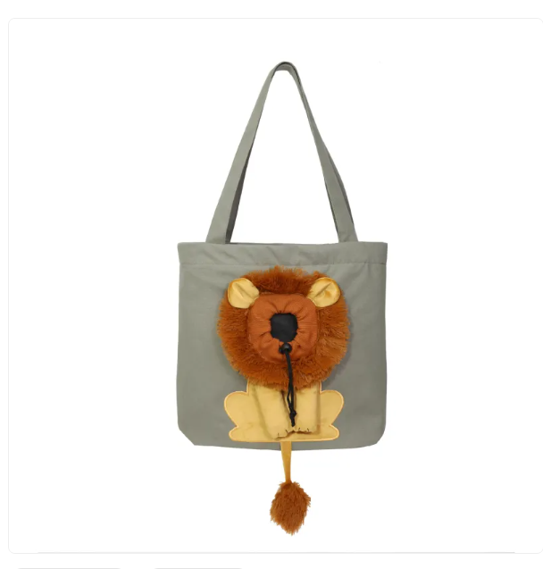 Lion design pet tote for cats, a dark grey animal accessory and comfortable pet carrier for car travel.