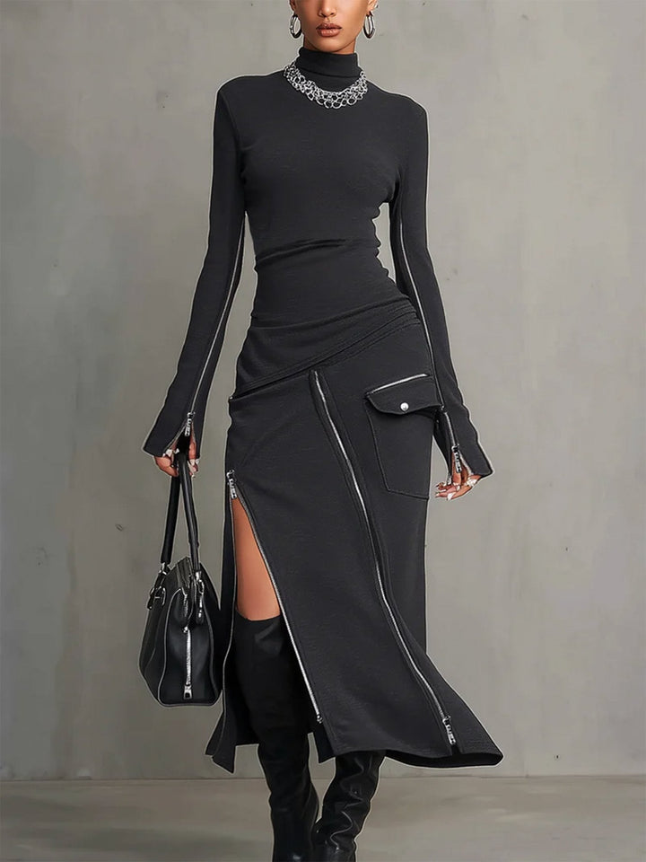 Dark grey chic women's turtleneck long sleeve top & midi skirt two-piece set, modern fall fashion.