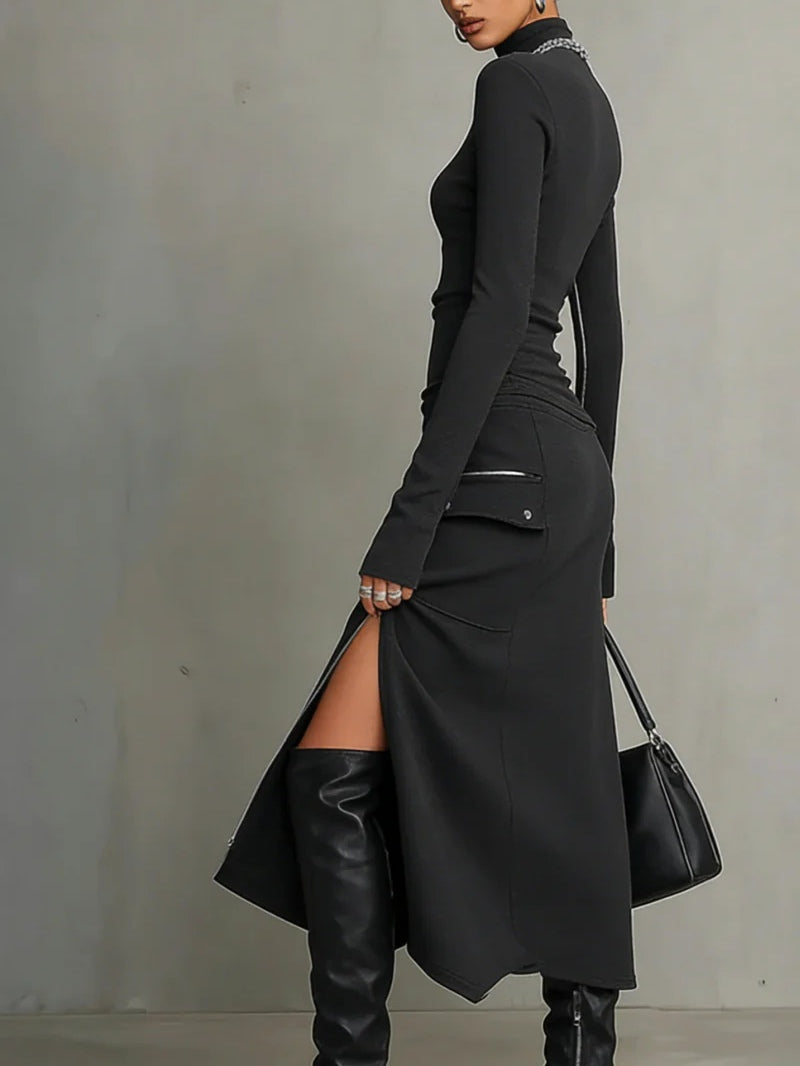 Versatile dark grey women's two-piece set: turtleneck long sleeve top & midi skirt for casual winter outfits.
