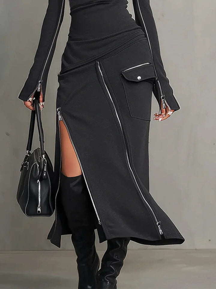 Chic women's dark grey turtleneck long sleeve top & midi skirt two-piece set, ideal for fall & winter fashion.