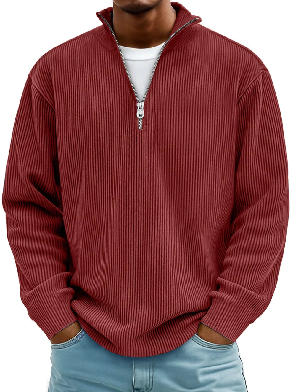 Comfortable men's half-zip ribbed knit pullover sweater. Ideal for everyday autumn & winter fashion.