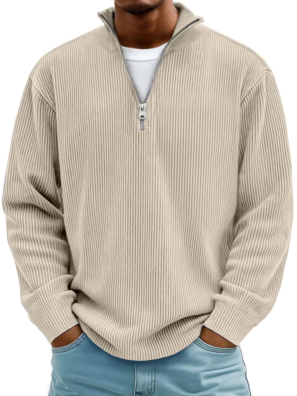 Warm men's long-sleeve ribbed half-zip pullover. Perfect for fall fashion, casual or smart-casual looks.