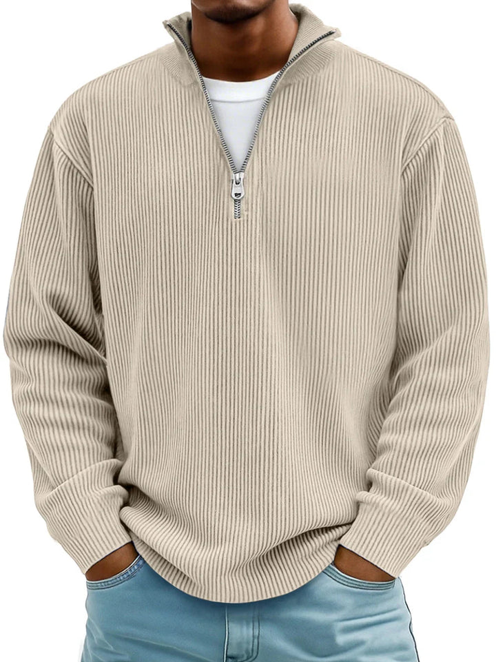 Warm men's long-sleeve ribbed half-zip pullover. Perfect for fall fashion, casual or smart-casual looks.