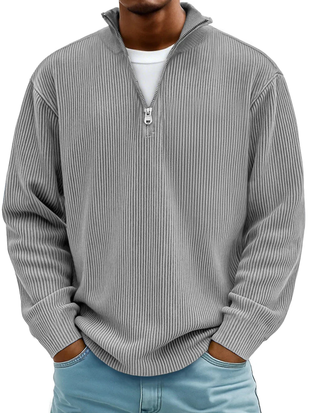 Soft ribbed knit men's half-zip sweater. Ideal for comfortable casual wear, a perfect fall/winter staple.