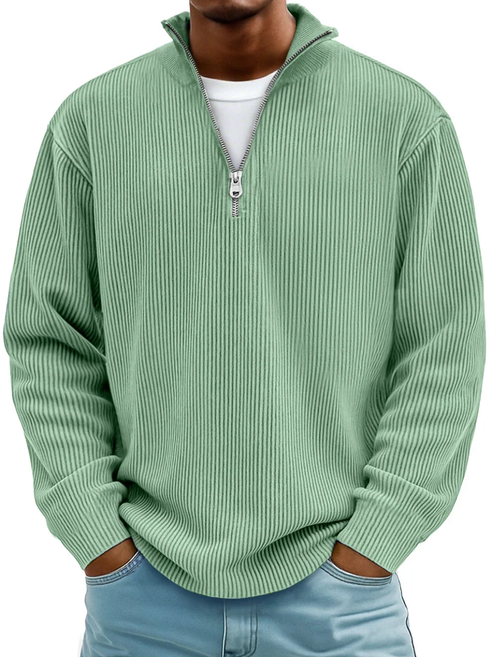 Men's everyday half-zip ribbed sweater. A cozy & versatile top for winter comfort and style.