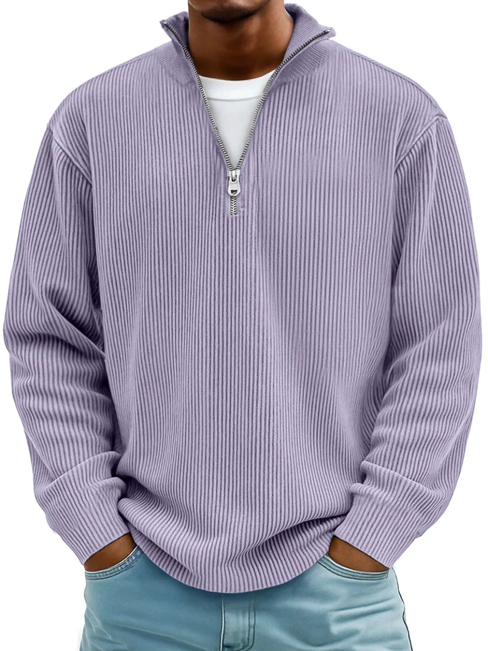 Stylish men's long-sleeve ribbed half-zip sweater. A versatile top for casual fall & winter outfits.